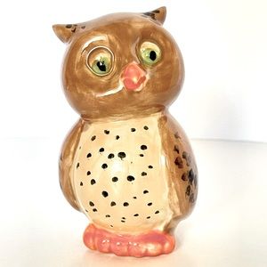 Glazed Ceramic Hand painted Small Owl Figurine with Green Eyes Signed Kara Yee